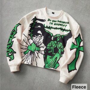 Graphic Fleece Crewneck Sweatshirt - Green Angel Print